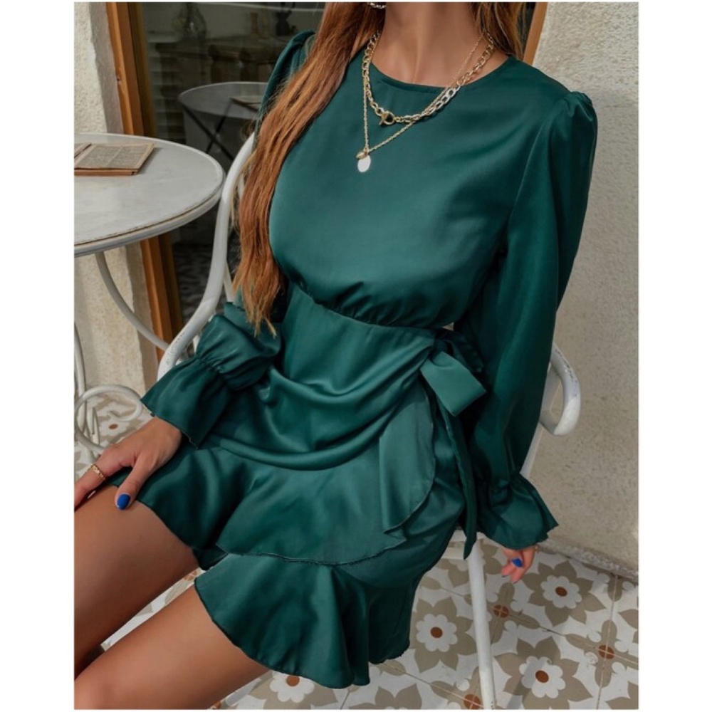 Classic Hunter Green Ruffle Sleeve Satin Party Dress Holiday